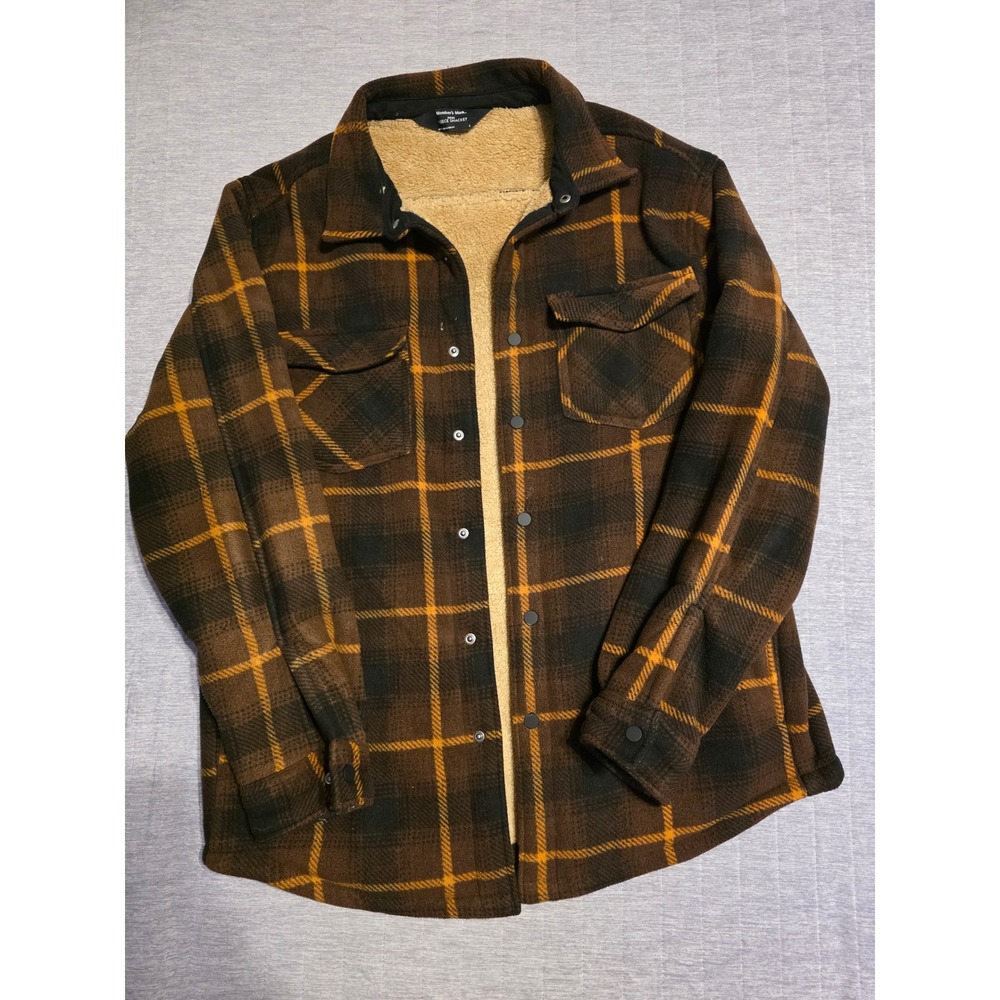1363 Members Mark Mens Fleece Shacket Brn Plaid Sherpa Lined Jacket Lg RN 52469